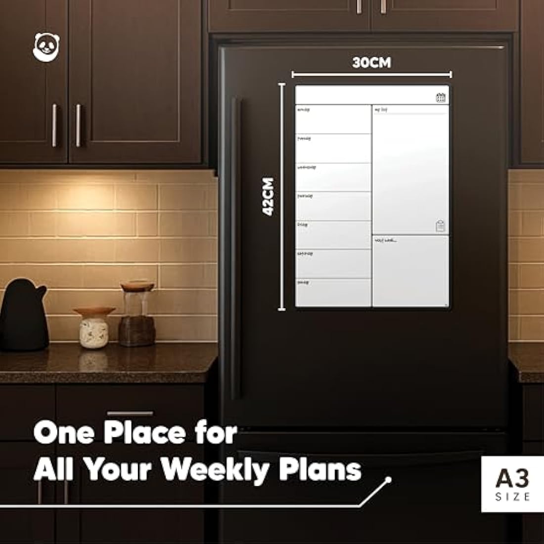 Smart Panda A3 Magnetic Whiteboard Fridge Calendar - Meal Planner and Shopping List White Board - Memo Board and Family Planner Notice Board - Weekly
