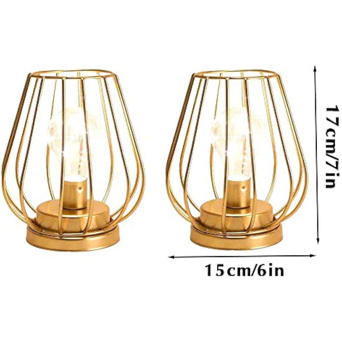 TRIROCKS 2 Set of Metal Battery Operated Table Lamp 17cm Tall Mini Cage Shape Cordless Lanterns with Warm Fairy Lights Bulb for Patio Garden Wedding Parties Indoor Outdoor (Gold)
