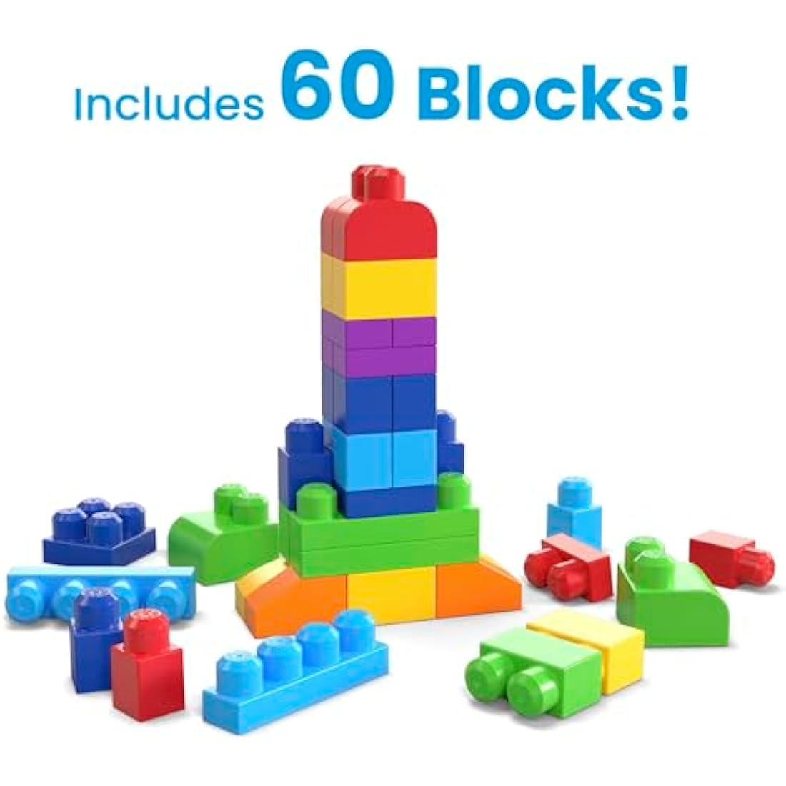 MEGA BLOKS Big Building Bag building set with 60 big and colorful building blocks, and 1 storage bag, toy gift set for ages 1 and up, DCH55