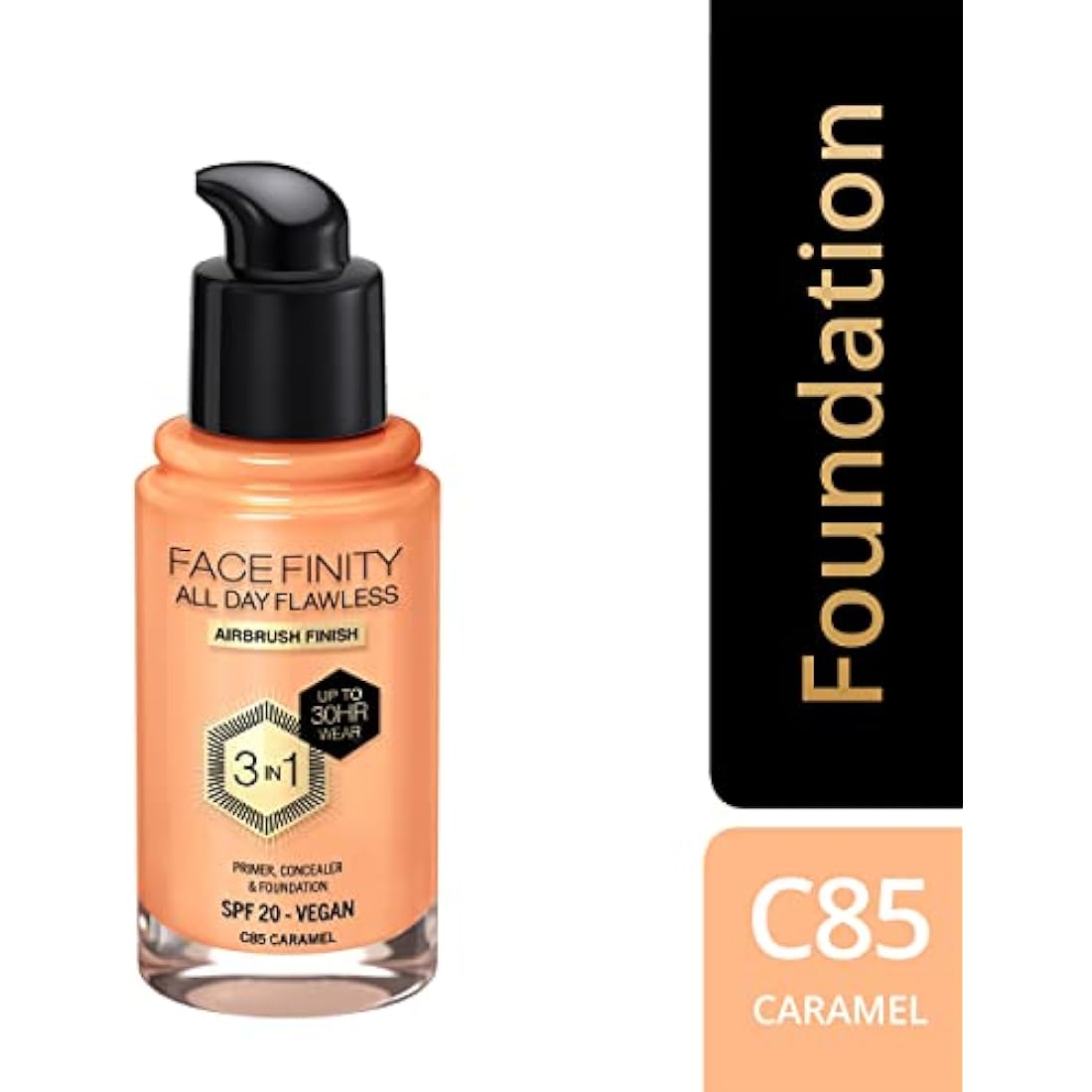 Max Factor Facefinity 3-in-1 All Day Flawless Liquid Foundation, SPF 20 - 85 Caramel (Packaging May Vary)