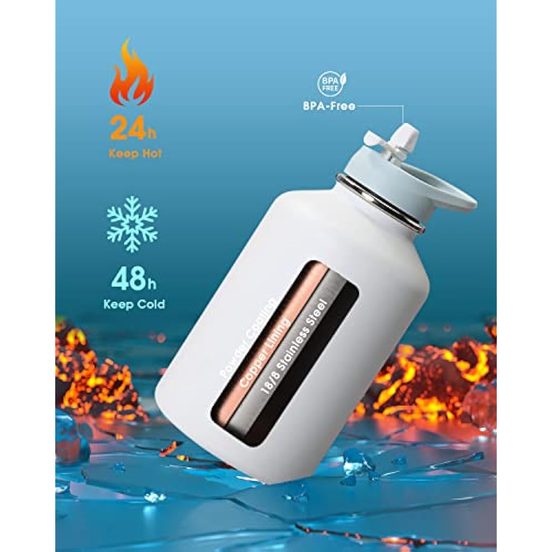 Coolflask 2L Water Bottle Stainless Steel with PU Leather Sleeve, Insulated Water Bottles Color Contrast with Straw Lids, Half Gallon Metal Water Bottle, Keep Cold 48h Hot 24h, Glacier White