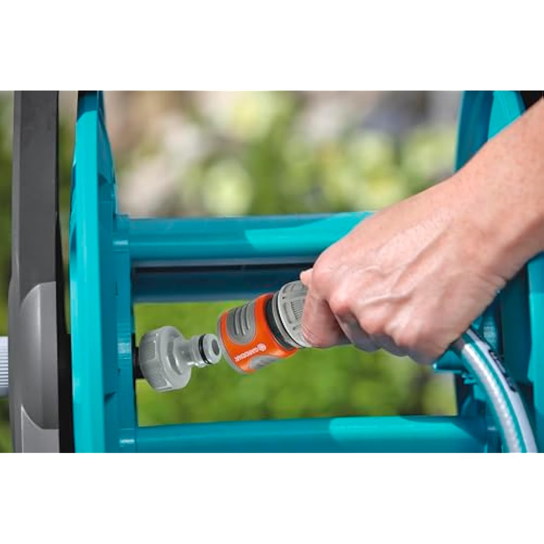 Gardena Classic wall-fixed Hose Reel 50 Set: Mobile hose reel, wall-mountable to save space and can be removed at any time, with a 20-m hose, spray nozzle, and system parts (8009-20), Multicolour