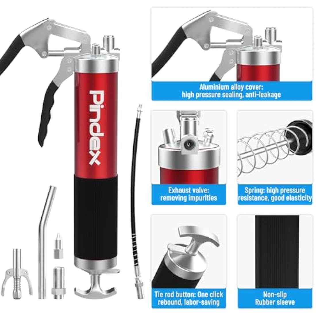 Pindex Heavy Duty Grease Gun Set with G Coupler Quick Release Lock, Manual Pistol Grip Grease Gun Tool with Fittings Ends Nozzle Hose for 400g Cartridge