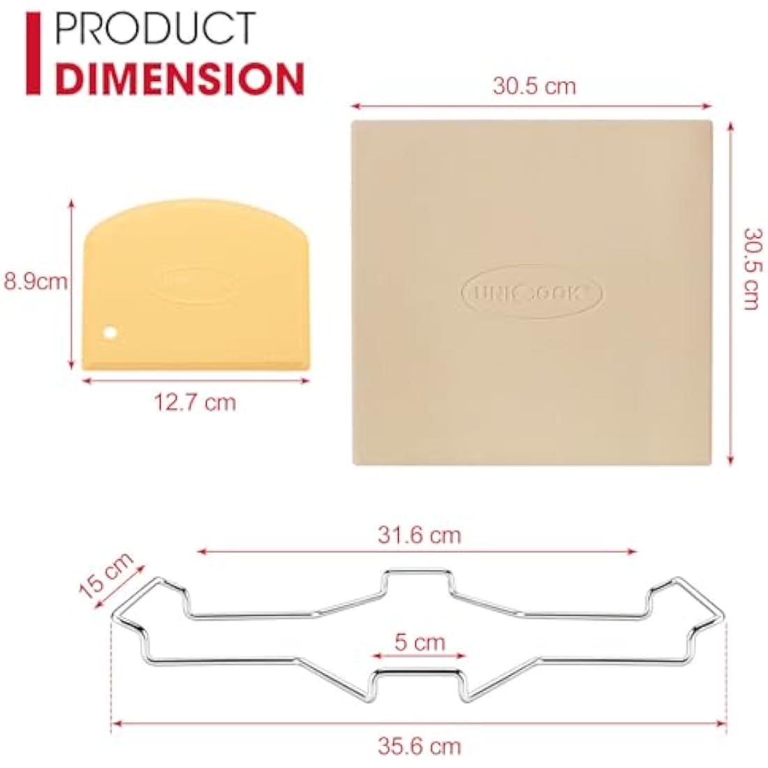 Unicook 30.5 x 30.5 cm Pizza Stone for Oven and Grill, Oven Baking Stone for Bread, Cordierite Pizza Pan for Baking Crispy Bread, Pie and Cookies, Includes Carry Rack and Dough Scraper