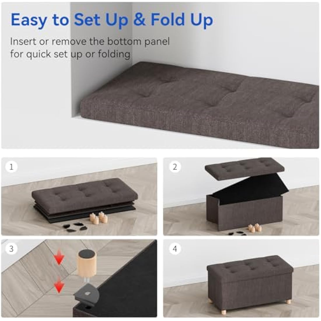 BRIAN & DANY Ottoman Storage Box with 4 Wood Legs, Linen Storage Ottoman for Living Room, Brown, 76 x 38 x 38 cm