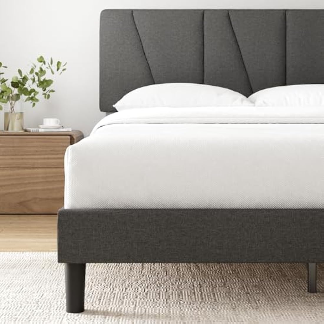 ZINUS Maya King Bed Frame – Bed 150 x 200 cm – 30cm Height – Upholstered platform bed frame with Headboard – Wooden slat support – Dark grey