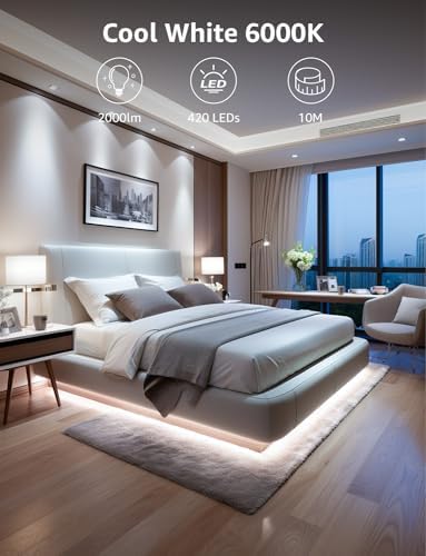 Lepro White LED Strip Light 10M, 2000lm Dimmable LED Lights, 24V UK Plug LED Strip with Dimmer Switch, 6000K Cool White Strip Lights for Kitchen, Cabinet, Wardrobe, Conservatory, Garage (1 Roll)