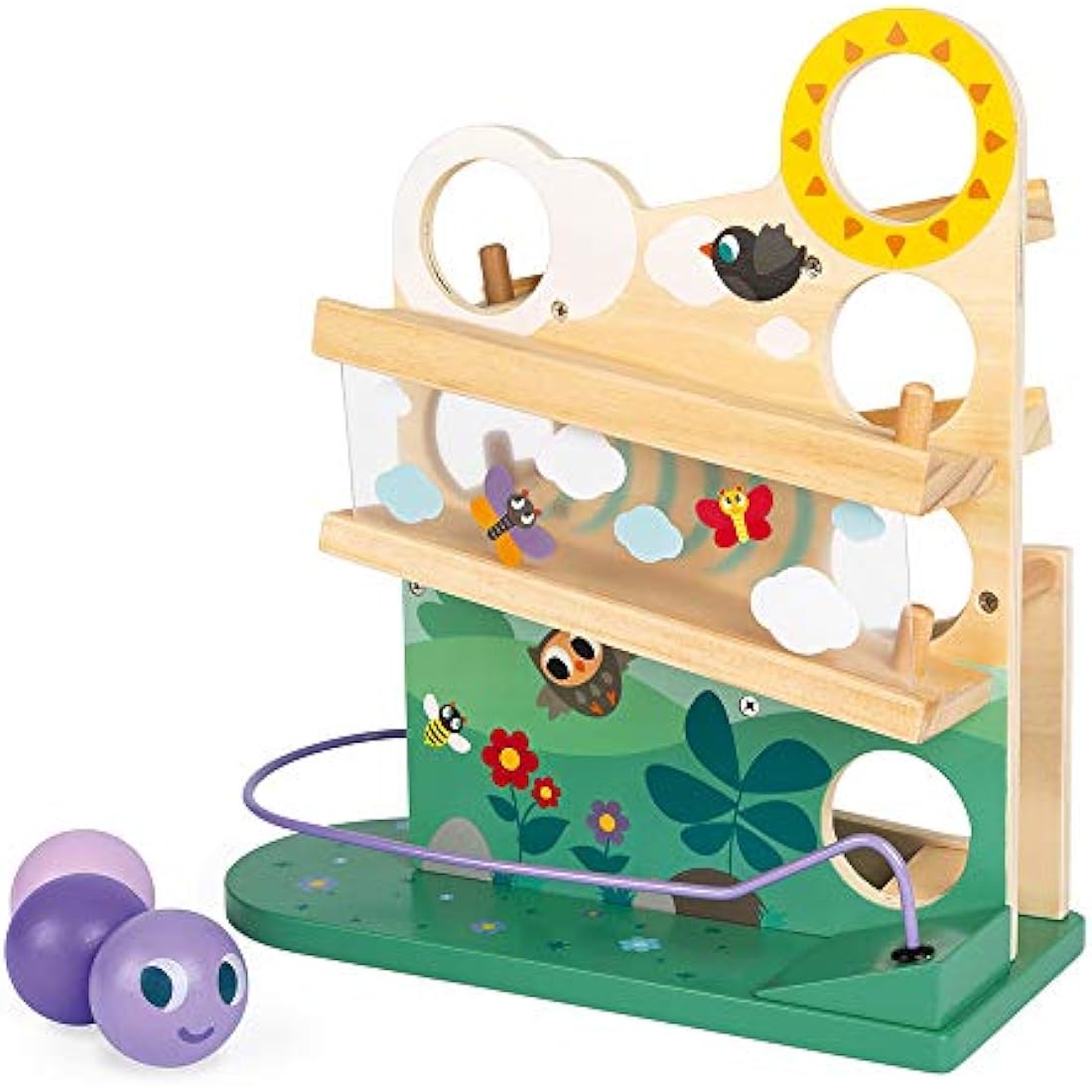Janod - Wooden Caterpillar Ball Track - Toddler Manipulation and Dexterity Toy - For children from the Age of 1, 08055, Multicolored
