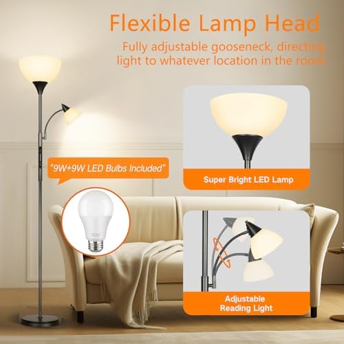 OUTON LED Dimmable Floor Lamp with Touch Control & Remote & App Control, Uplighter Mother and Child Floor Lamp with Reading Lamp, 1 Hour Timer, Tall Standing Lamp for Living Room, Bedroom, Office