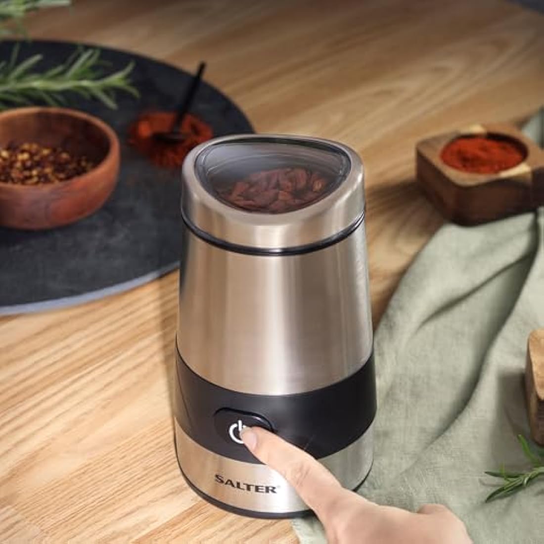 Salter EK2311 Electric Coffee Grinder – Bean, Nut & Spice Grinder, Stainless Steel Blade, 60g Herb Grinding Mill, One Touch Operation, Fast Grinding Machine, Powerful & Compact Transparent Lid, 200W