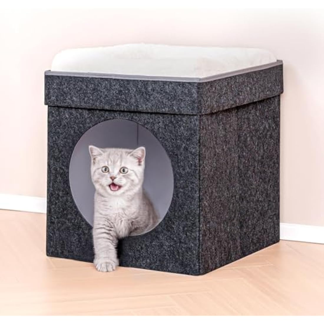 Bonlife Cat Beds for Indoor Cats,Foldable Large Felt Cat House for Winter with Two Move Cushion,Warm Comfortable Dog Bed，Dark Grey 45X45X50CM