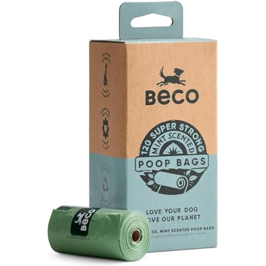 Beco Dog Poop Bags Rolls - Strong & Large - 120 Bags (8 Rolls of 15) Mint Scented, Dispenser Compatible for Dog Waste