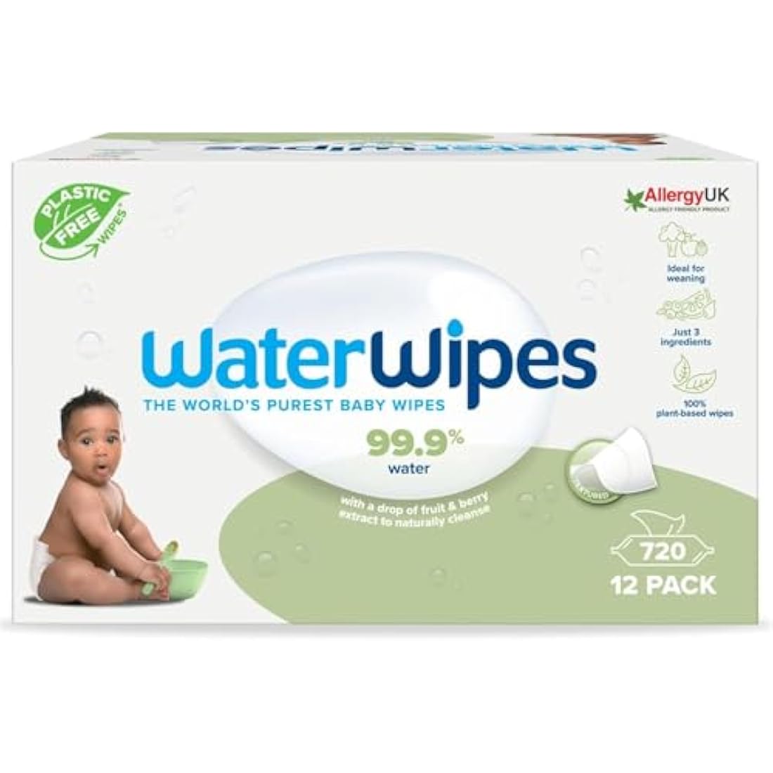 WaterWipes Sensitive+ Baby & Toddler Wipes, 720 Count (12 Packs), 3-In-1 Cleans, Cares, Protects, 99.9% Water, Textured Clean, Unscented