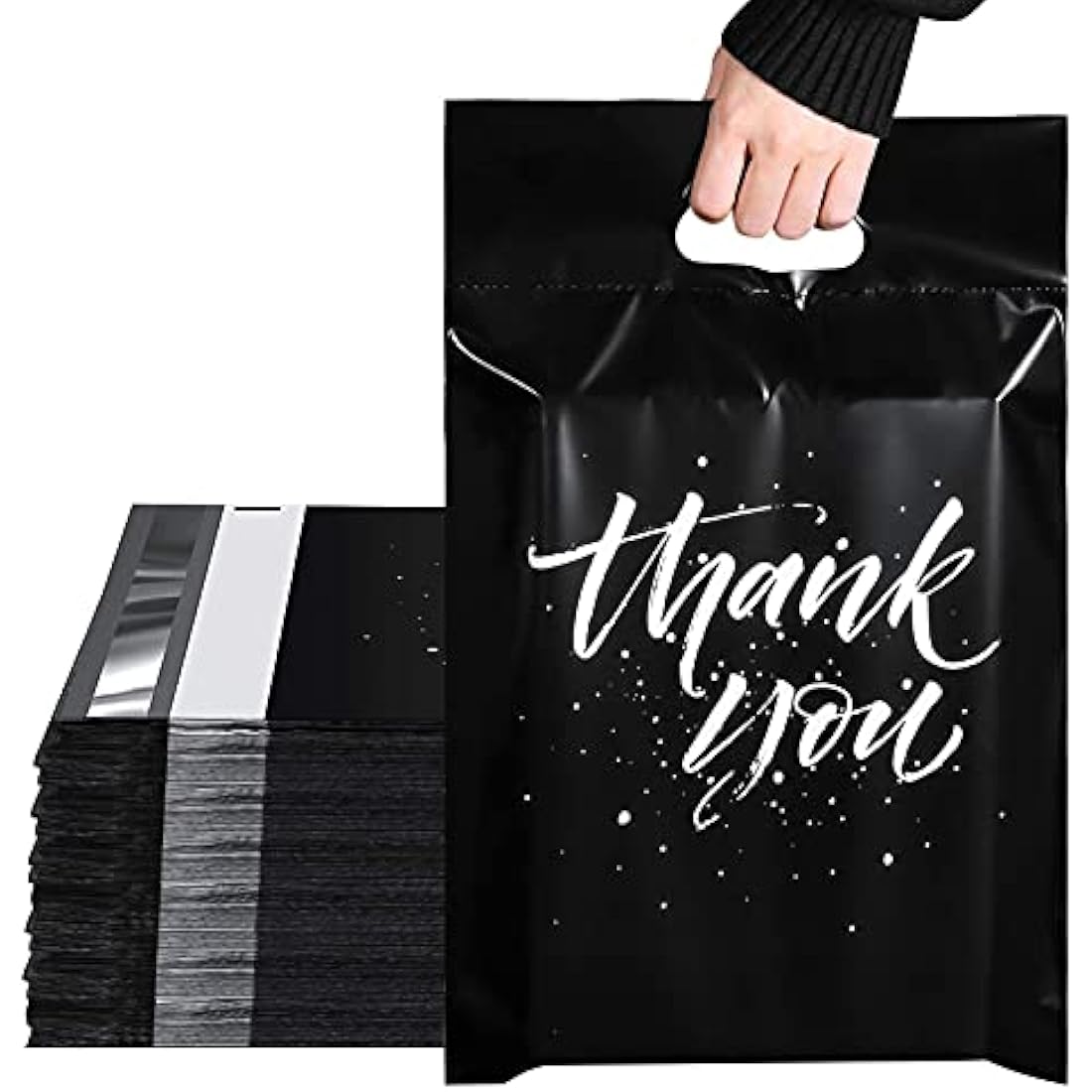 Switory 100Pcs Parcel Bags for Posting Clothes 305x394mm Postal Bags Shipping Bags with Handle Mailing Bags for Clothing Posting Bags with Self Adhesive 12X15.5 Package Bags Black - Thank You Design