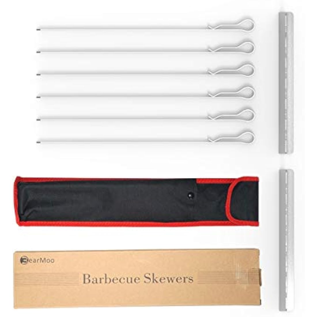 BearMoo Kebab Skewers, 17” Long Stainless Steel Reusable Flat Metal Grilling Skewer Sticks, BBQ Accessories Tools Set for Outdoor Barbecue, 6PCS with 2 Rack Holder Stands and Storage Bag