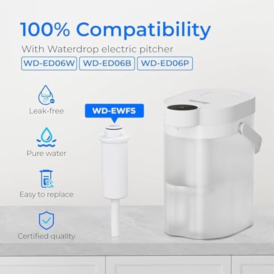 Waterdrop 𝐖𝐃-𝐄𝐖𝐅𝐒 Replacement Filters for Waterdrop Instant Water Filter Jug 𝐖𝐃-𝐄𝐃𝟎𝟔𝐖, 𝐖𝐃-𝐄𝐃𝟎𝟔𝐁, 𝐖𝐃-𝐄𝐃𝟎𝟔𝐏, Last Up to 1 Month or 150 litres (Pack of 3)