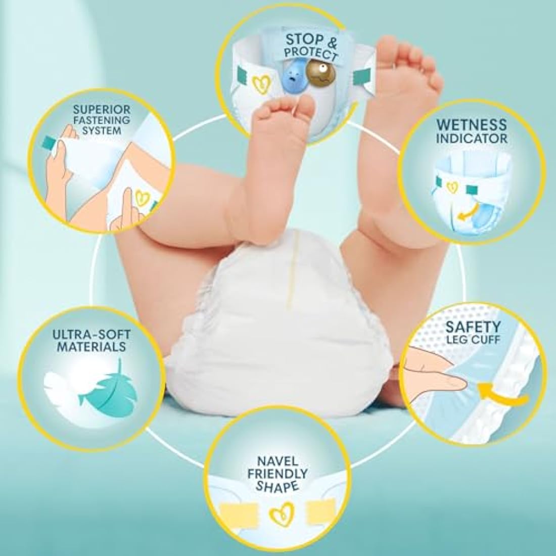 Pampers Premium Protection New Baby Size 1, 180 Nappies, 2kg-5kg, Monthly Pack + Pampers Harmonie Aqua Baby Wipes 1 pack of 10 Wipes