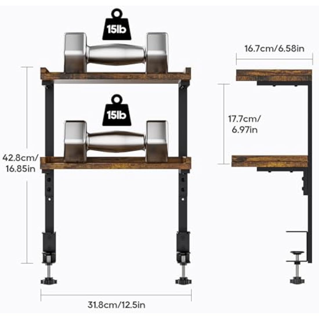 THYGIFTREE Clamp On Desk Shelf 2-Tier, Wood Shelving Unit for Office Gaming Accessories, Tabletop Book Storage Rack, Shelf for Top of Desk, Brown