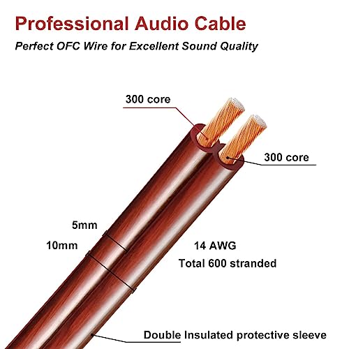 WOWLED 2 Pack High-end Pure Copper HIFI OFC Speaker Wire Cable with Banana Plug, 3m Gold-Plated Banana Tip Plugs 600 Strand 14 AWG for Audio Speaker HIFI System (3m / 9.8FT)