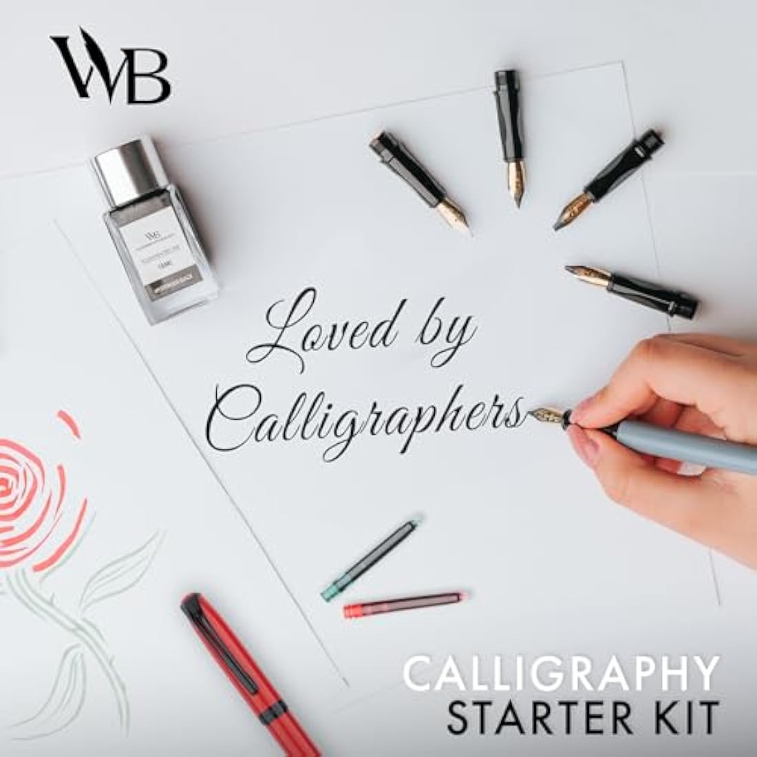 Wordsworth and Black Calligraphy Pen Set - Grey - Includes 2 Calligraphy Pens, 18 ML Ink Bottle, 60 Ink Cartridges, A Refill Converter, 1 Medium and 4 Broad Nibs, Brush Pen