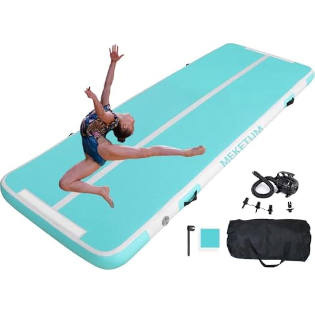 MEKETUM Air Tumble Track Gymnastic Mat Inflatable 6.6ft 10ft 13ft 16ft 4/8 Inch Thickness Gym Tumbling Floor Mats with Air Pump for Home Use/Cheerleading/Yoga/Dance/Water Fun