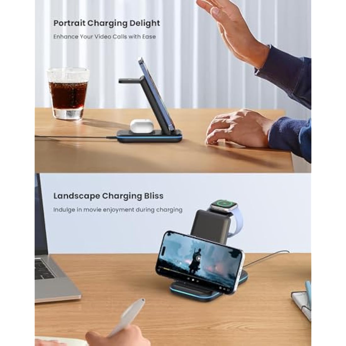 GEEKERA Wireless Charger, 3 in 1 Wireless Charging Station for iPhone 16/15/14/13/12/11/Pro Max/XS/XR/X, Watch Charger Stand for Apple Watch 10/Ultra/9/8/7/6/5/4/3/2/SE, AirPods 4/Pro/3/2-Carbon Black
