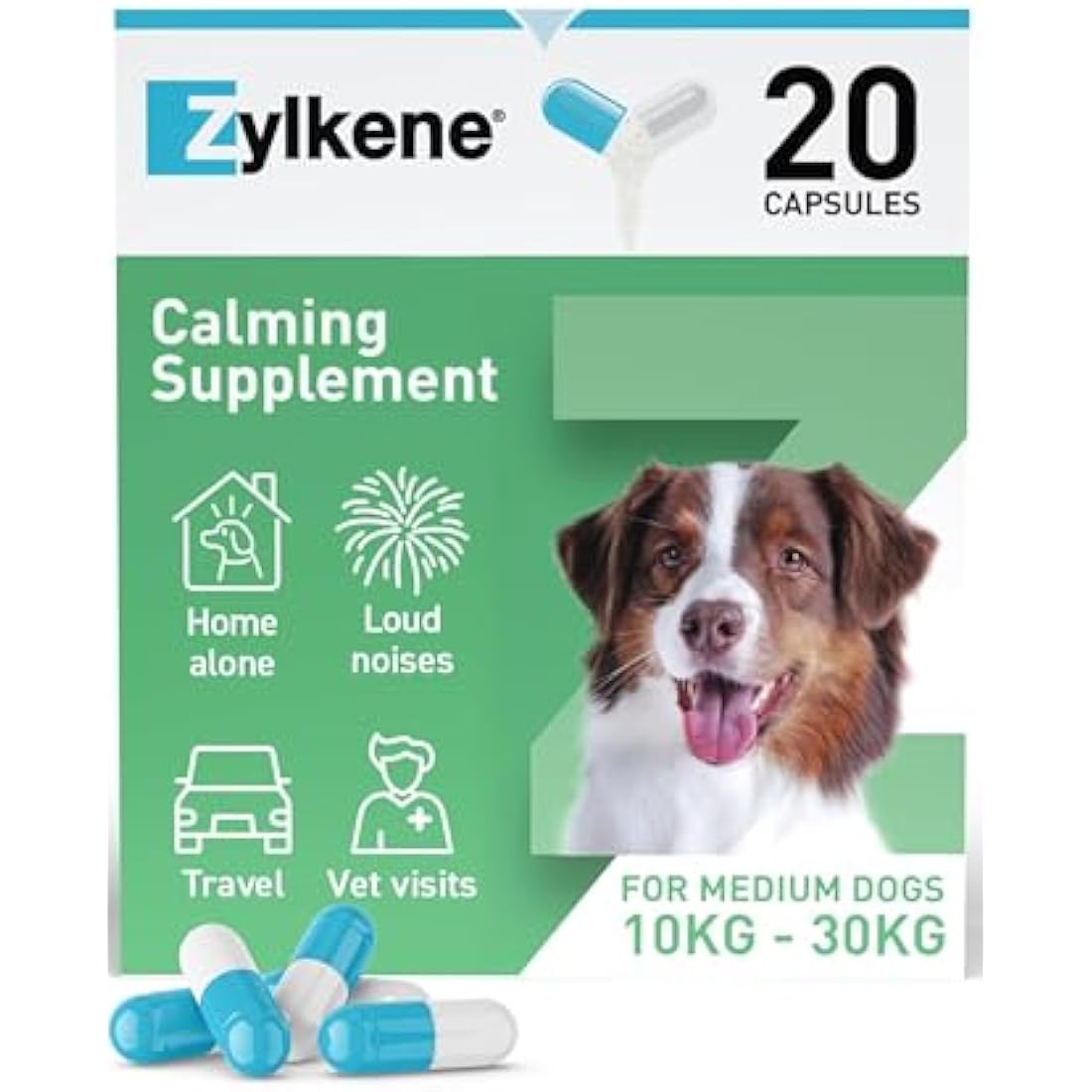 Zylkene Calming Supplements for Medium Dogs (10 to 30kg) 225mg | Promotes Relaxation | Helps Pets cope with short-term challenging situations: Loud Noises | Easily administered | 20 capsules