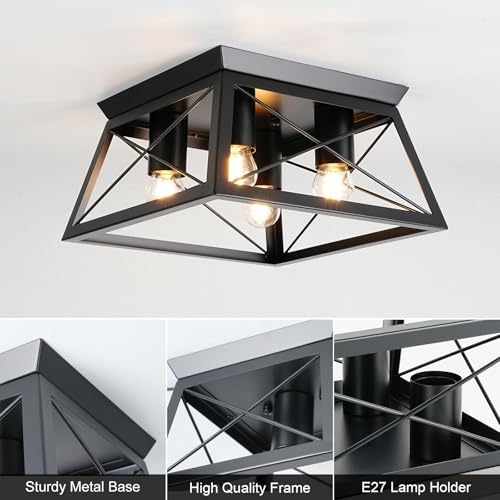 FORCOSO 4-Light Ceiling Lights - Black Industrial Ceiling Light E27 Modern Flush Mount Ceiling Lamp LED Metal Vintage Ceiling Light Fixture for Living Room Bedroom Kitchen - NO Bulb