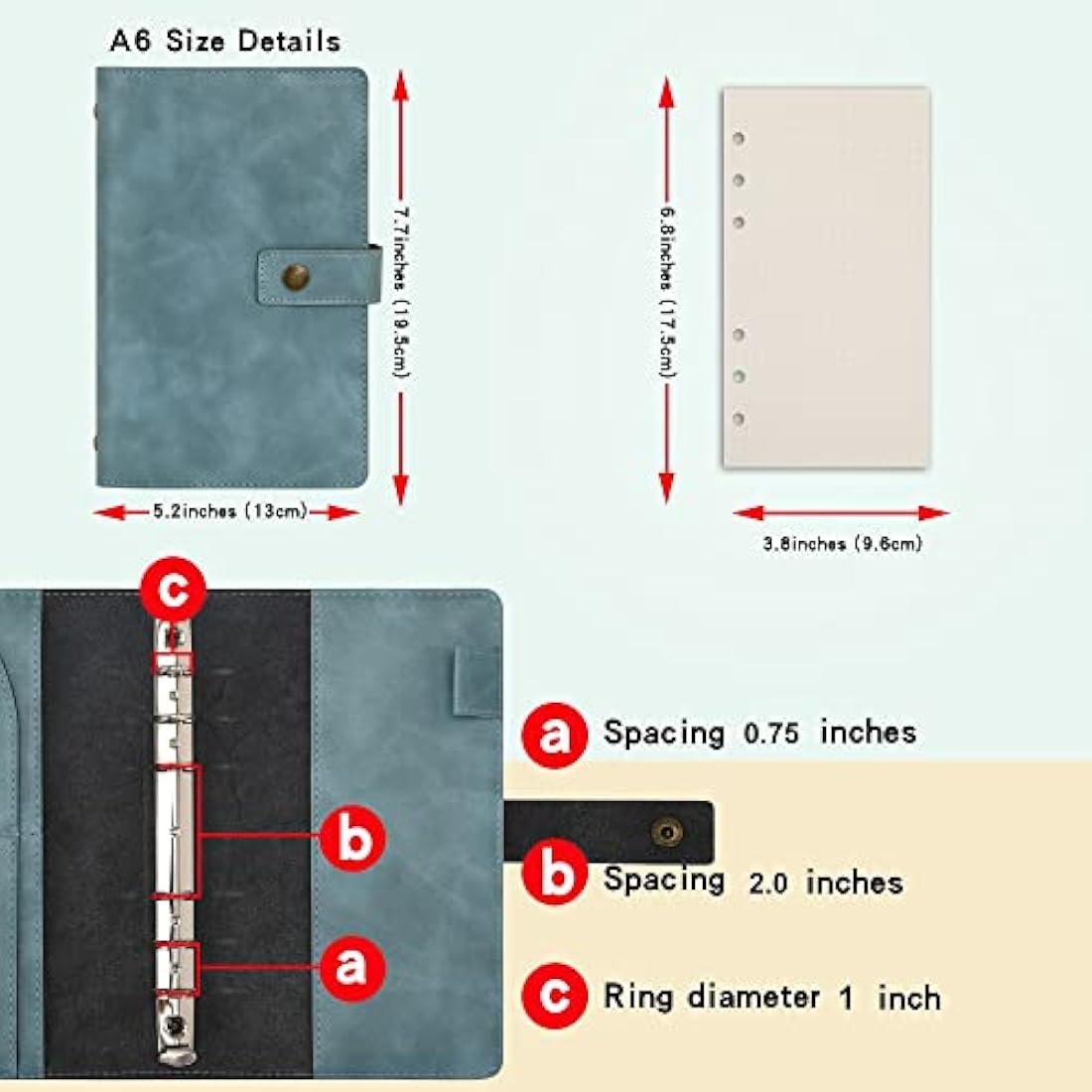 WONDERPOOL Leather Diary Refillable Notebook Spiral Journal Binder Portfolio - Dot Grid Paper & Inner Pockets Organizer for Man and Woman (Lake Blue, A6)