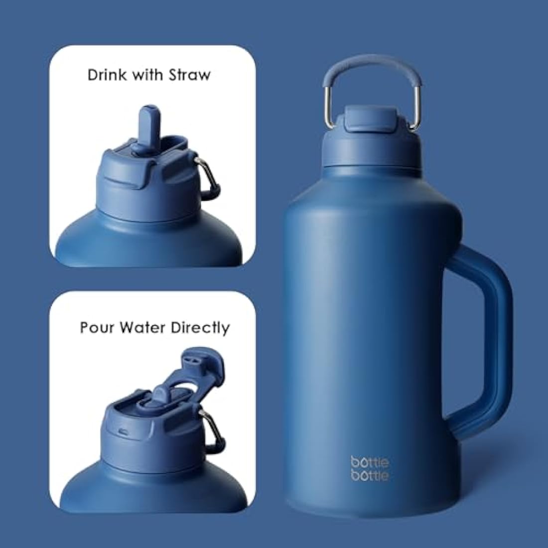 BOTTLE Insulated 64 oz Stainless Steel Water Bottle with Straw and Dual-use Lid for Men - Vacuum Jug for Workout, Gym, Soccer and Sports (Blue)