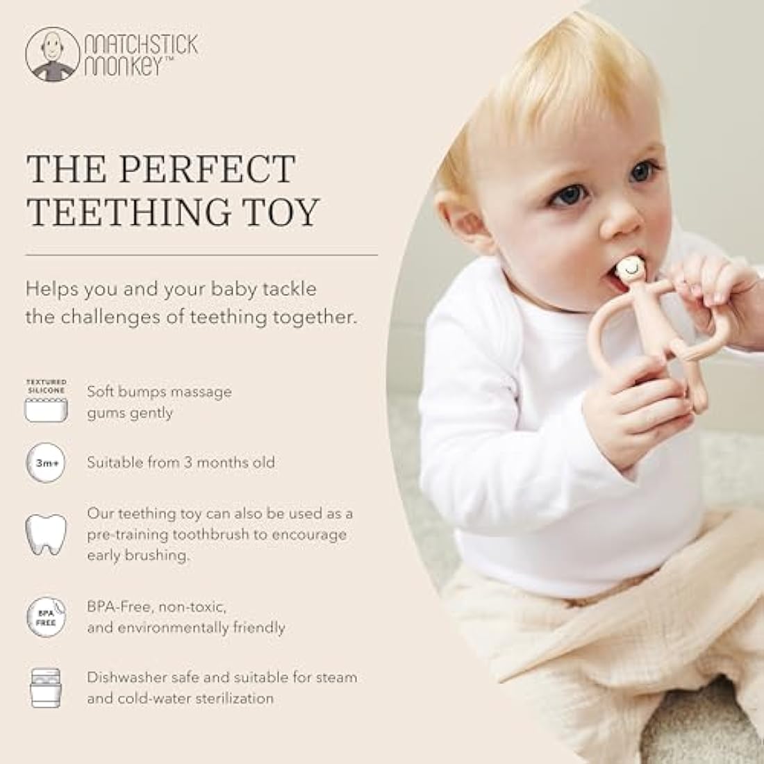 Matchstick Monkey, Original Teether & Gel Applicator, Antimicrobial Silicone Teething Toys for Baby, Easy to Grip, BPA Free, 3 Months Old+, 10.5 cm, Dusty Pink Monkey