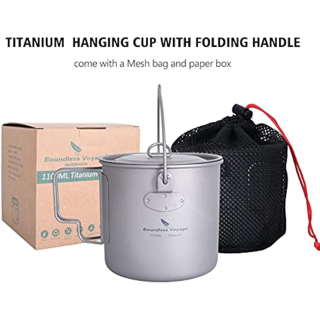 Boundless Voyage Outdoor 1100ml Titanium Pot with Lid Folding Bail Handle Camping Hiking Picnic Ultralight Portable Water Bottle Cup Mug Spork Set