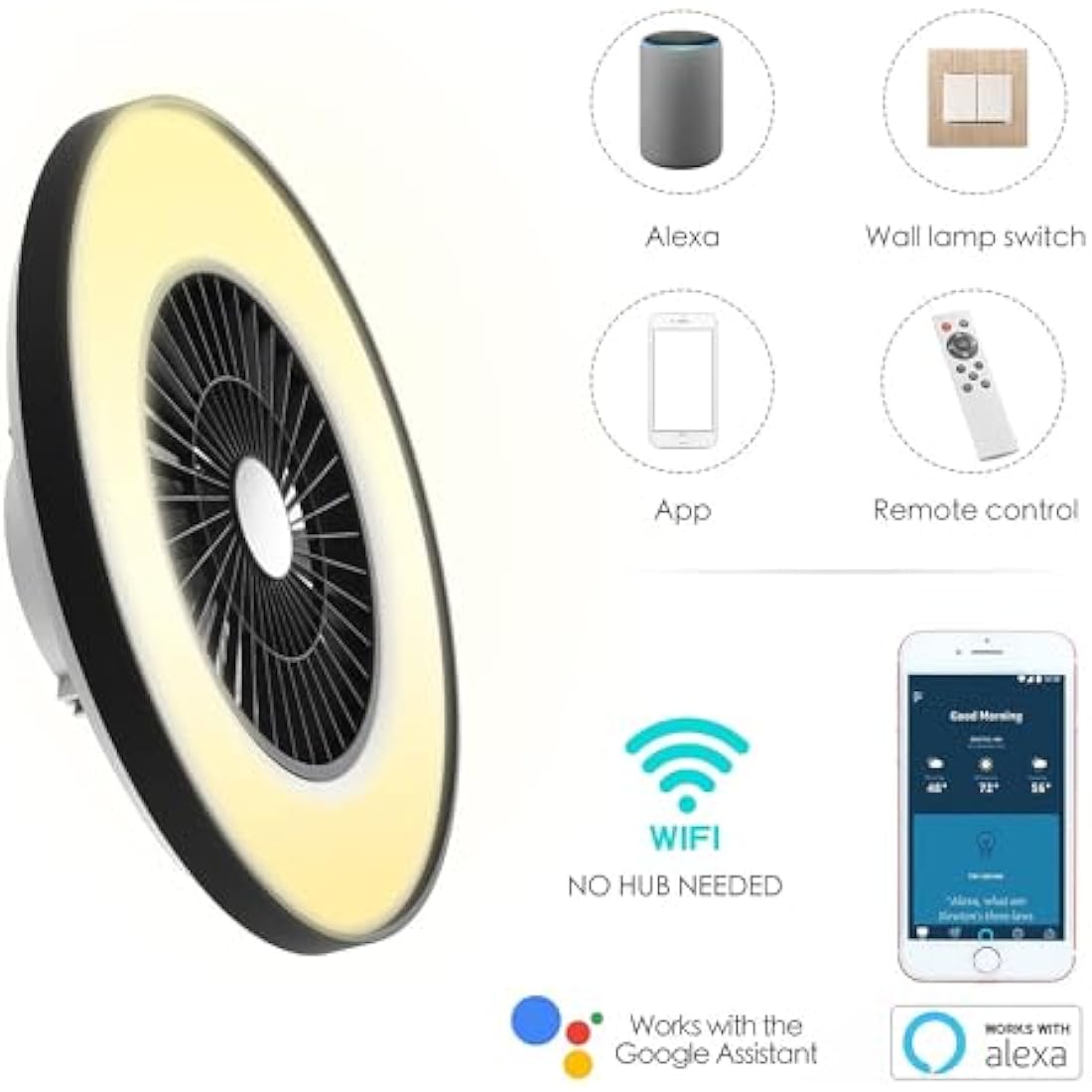 BKZO Smart LED Ceiling Light with Fan, Ceiling Fan Lights Stepless Wind Speed Adjustment, Stepless Dimming Light, Modern Fan Lighting, 3000-5500K, Black Frame