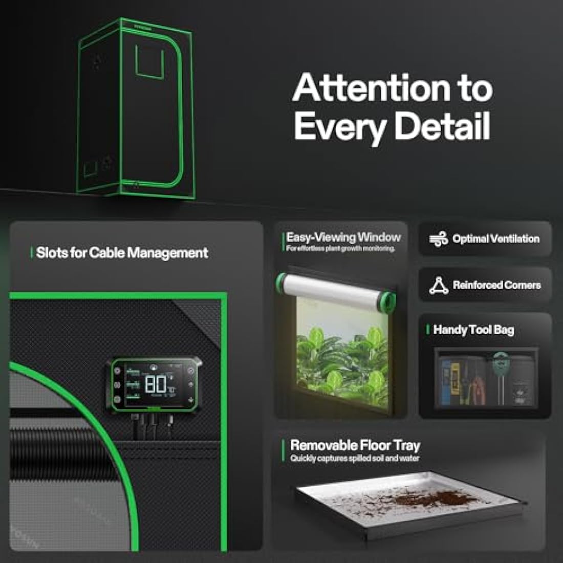 VIVOSUN Grow Tent 36'' x 36'' x 72'', Made of Highly Reflective Mylar, with Viewing Window and Base Tray for Hydroponics and Indoor Growing, S336, Suitable for VS2000/VS3000