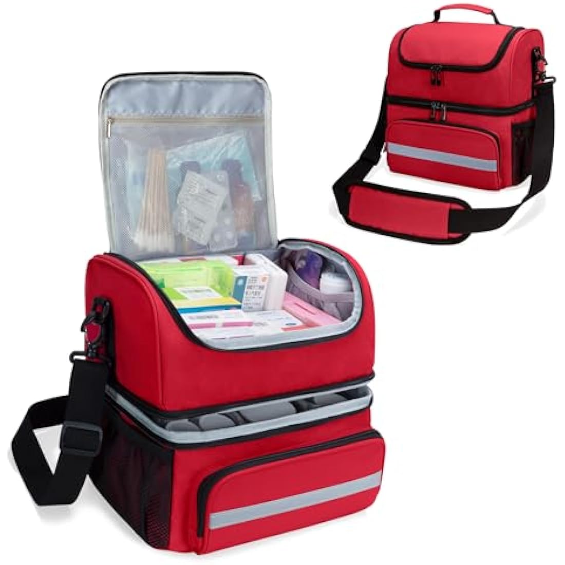 CURMIO Double Layer Medicine Storage Bag Empty, Family First Aid Organiser for Emergency Medical Kits, Portable Medicine Supplies Bag for Home and Travel, Red