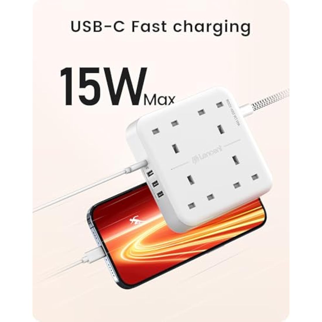 LENCENT 3M Extension Lead with USB C Port (3250W 13A), 4 Way Outlets Power Strip with 1 USB-C and 3 USB Slots, Multi Power Plug Extension with 3M Braided Extension Cord for Home Office- White