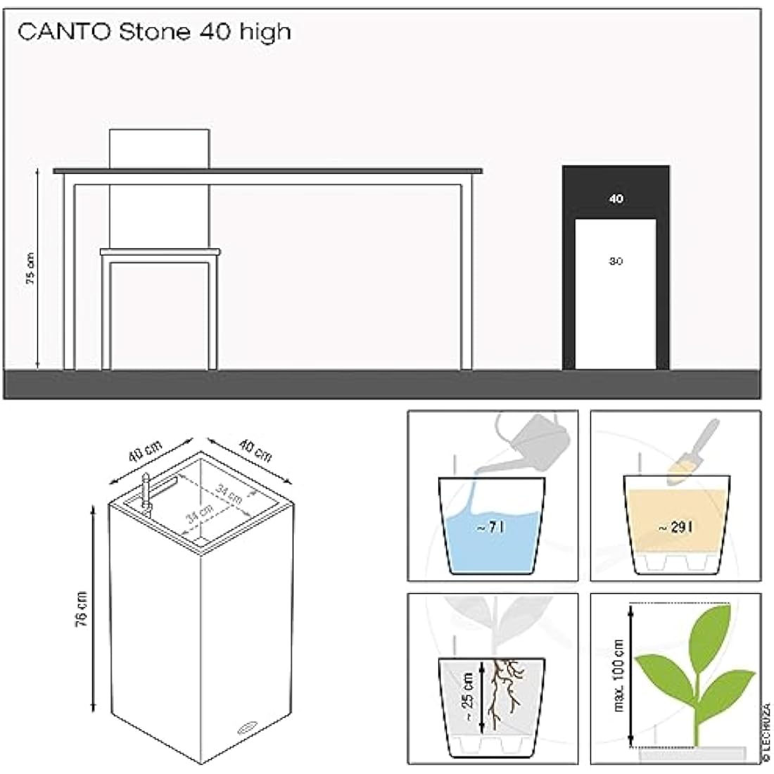 Lechuza Self Watering Plant Pot CANTO Stone 40 High Large Plastic Indoor and Outdoor Plant Pot with Drainage Hole H70 L40 W40 cm Stone Grey