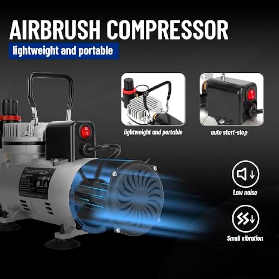 Timbertech Professional Upgraded Piston Airbrush Compressor ABPST07 with Motor Cool Down Fan/Powerful Working Pressure/Strong Airflow for Hobby, Food Decoration, Body Tattoo, Graphic and so on