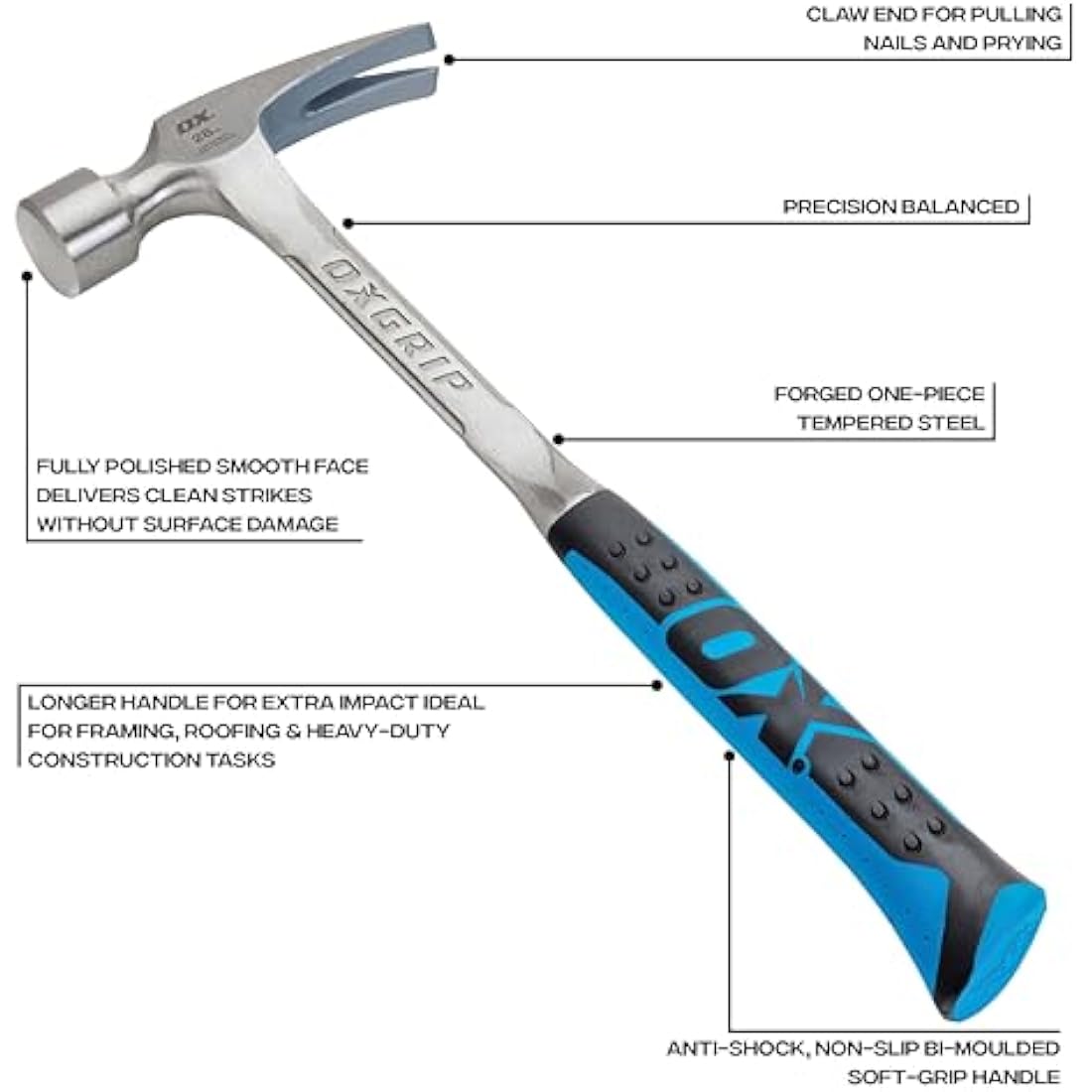 OX OX-P082328 - Straight Claw Framing Hammer with Smooth Face – 28 Oz