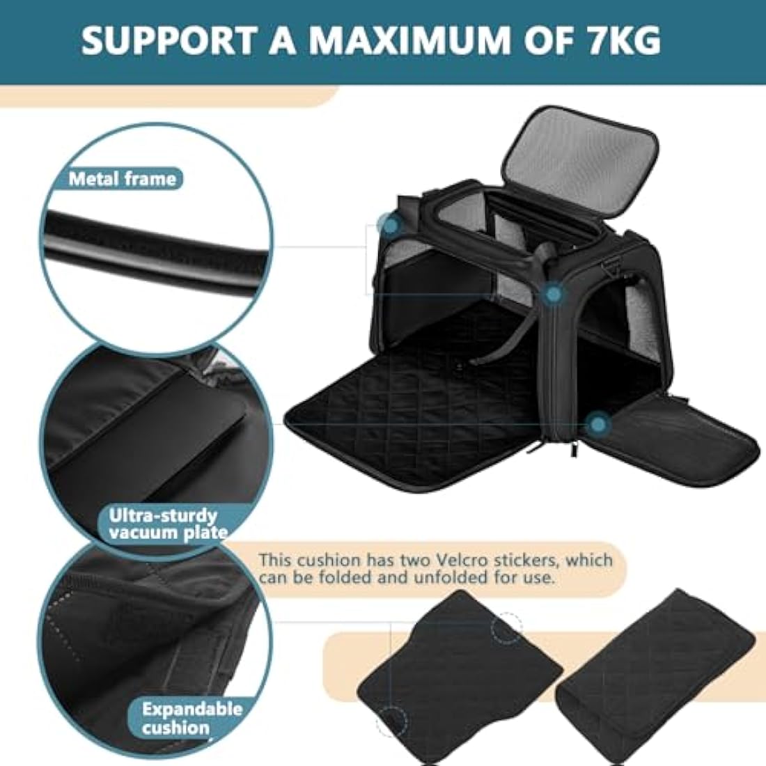 Petsfit Pet Carrier for Cat and Small Dogs, Dog Carriers Quadrangle Oxford Fabric and Ventilation Mesh, Cat Carriers Large Space with Expandable Mat, Black