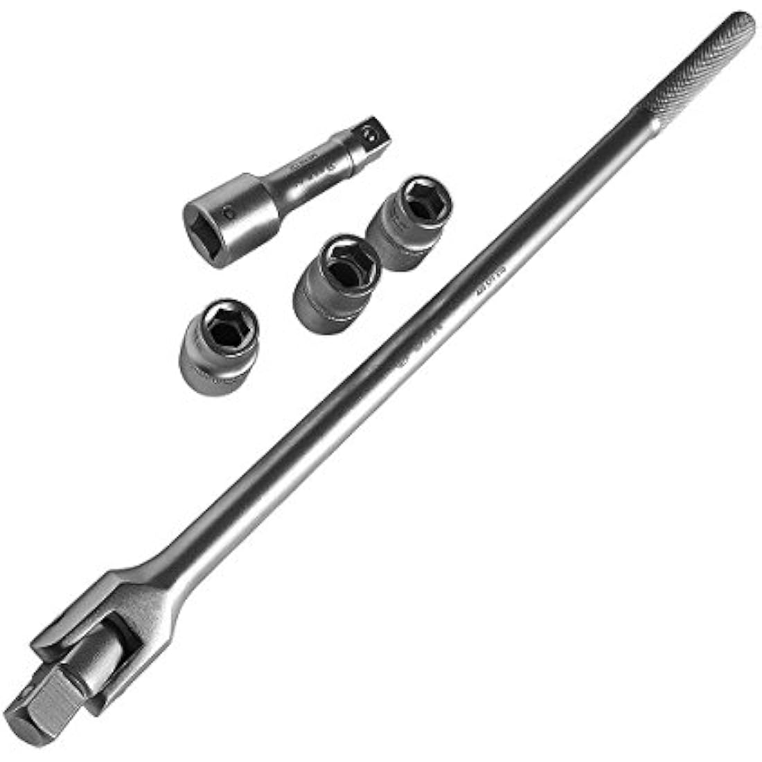 S&R Breaker Bar, Flex Socket Drive Handle Set 3/4 Inch with Extension and 3 Sockets 17mm, 19mm, 21mm, Rotary Push Handle 600 mm, Extra Resilient Ø 22 mm Shatterproof - Industrial Quality