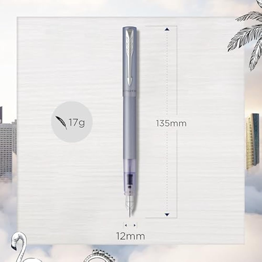 Parker Vector XL Fountain Pen | Metallic Silver-Blue Lacquer on Brass | Medium Nib with Blue Ink Refill | Gift Box