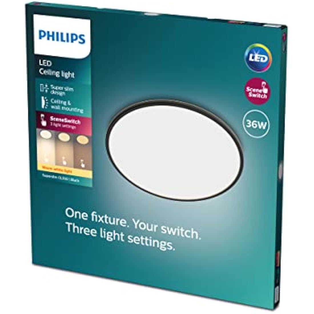 Philips LED Superslim SceneSwitch Dimmable Ceiling Light 2700K 36W [Warm White - Black] for Indoor Home Lighting in Livingroom and Bedroom.