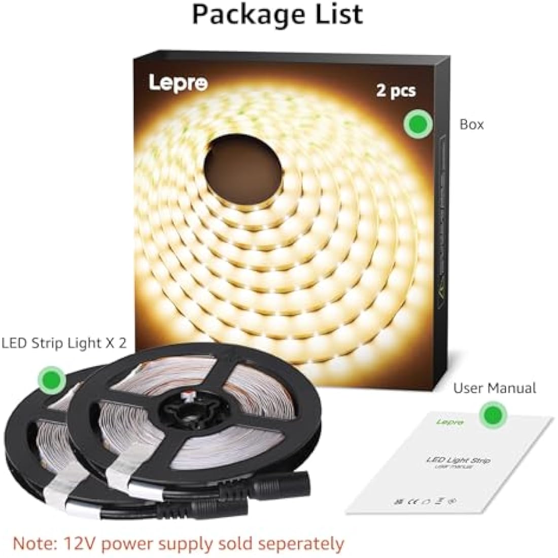 Lepro Warm White LED Strip Lights 10M (2x5M), 2x2300lm, 3000K Flexible Lightstrip for Kitchen, Cabinet, Mirror, Door and More (12V Power Supply Required)