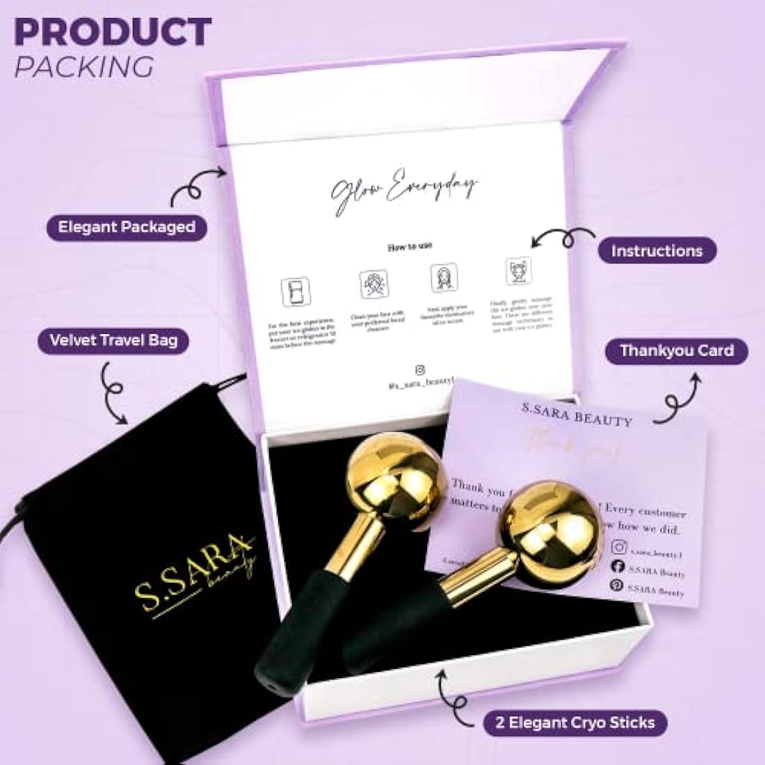 S.Sara Ice Globes for face and eyes | Facial skin care tool for face, neck and eyes | Stainless steel facial massage roller | Depuff skin | Rejuvanate skin | Unbreakable | Set of 2