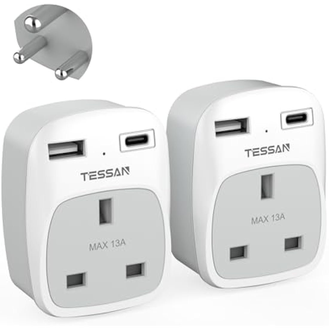 UK to India Plug Adapter 2 Pack, TESSAN Indian Travel Adapter with 2 USB Ports(1 USB C), Plug Socket Adaptor UK to Sri Lanka, Pakistan, Burma, Maldives, Iraq, Namibia, Nepal, Yemen, Zambia (Type D)