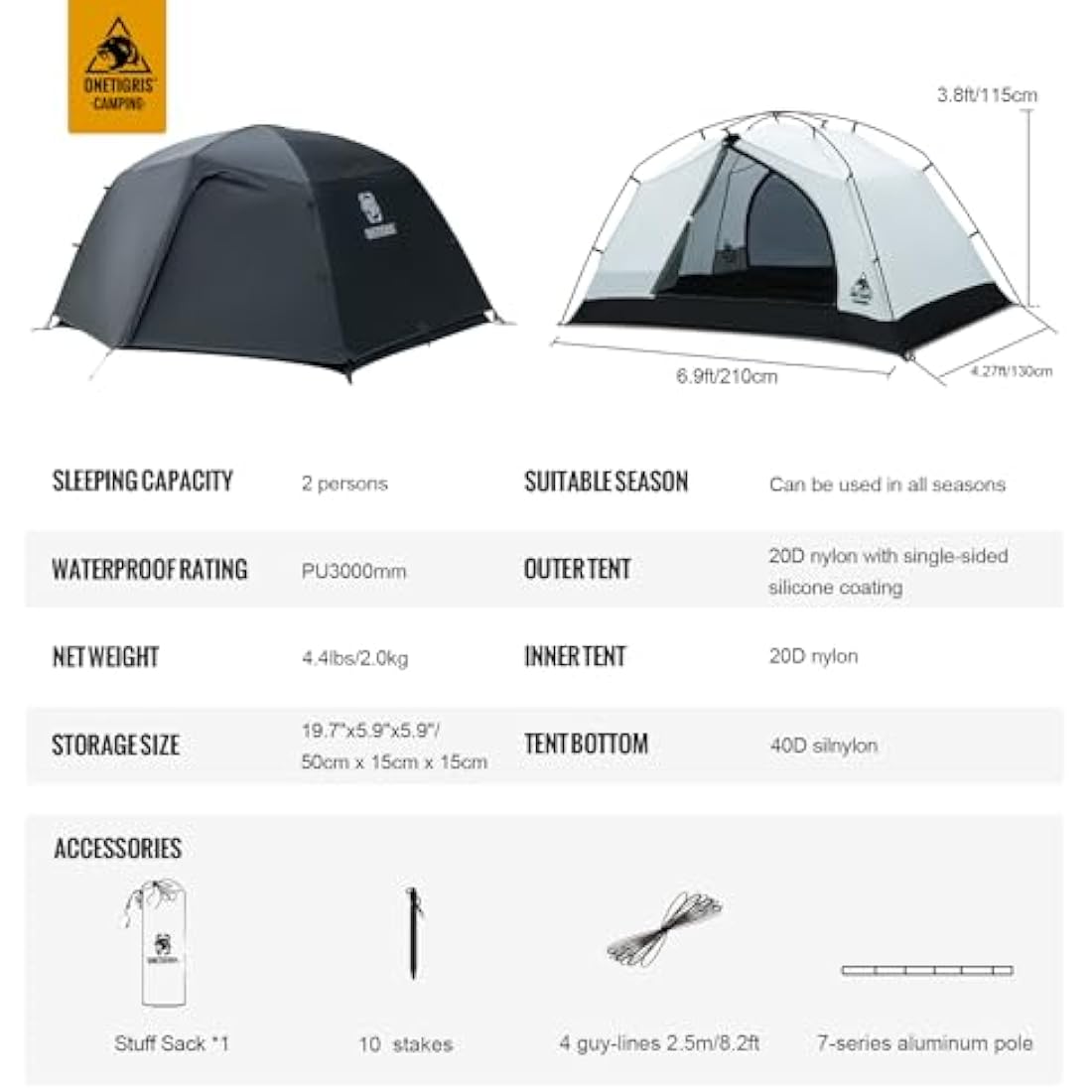 OneTigris Stella 4 Season Camping Tent Backpacking 2 Person Waterproof Lightweight Easy Setup Instant 3000mm Waterproof Rating Outdoor Hiking Tent