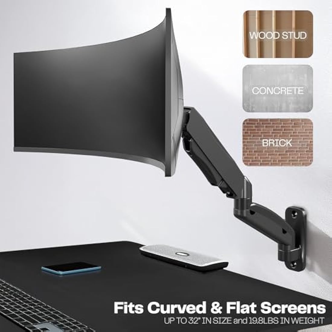 VIVO Height Adjustable Pneumatic Extended Arm Single Monitor Wall Mount, Full Motion Articulating, Fits 17 to 27 inch Screen, Black, MOUNT-V001G