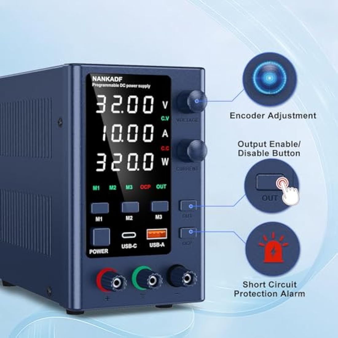 DC Power Supply 0-32V 0-10A, Lab DC Power Supply Variable with Memory Storage, Bench Power Supply with Encoder Adjustment & USB-A/Type-C Fast Charging Interface