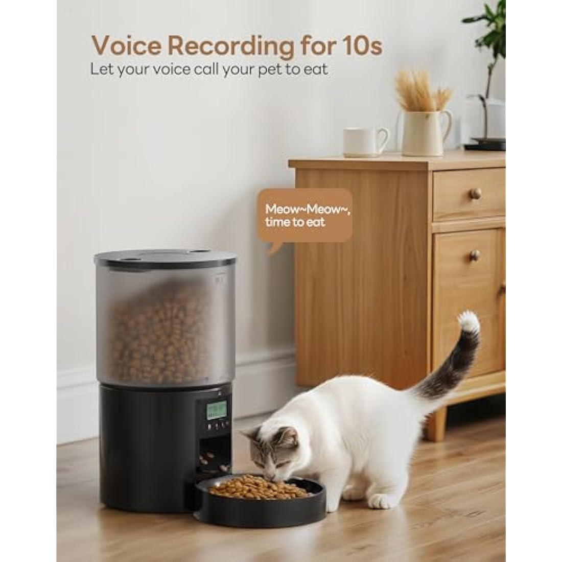 Automatic Cat Feeder Cat Food Automatic with Feeding Program Timer - 6L Feeding Bowl with Automatic Feeder - Dry Food Dispenser Automatic for Cats and Dogs Black - 10s Call for Eating